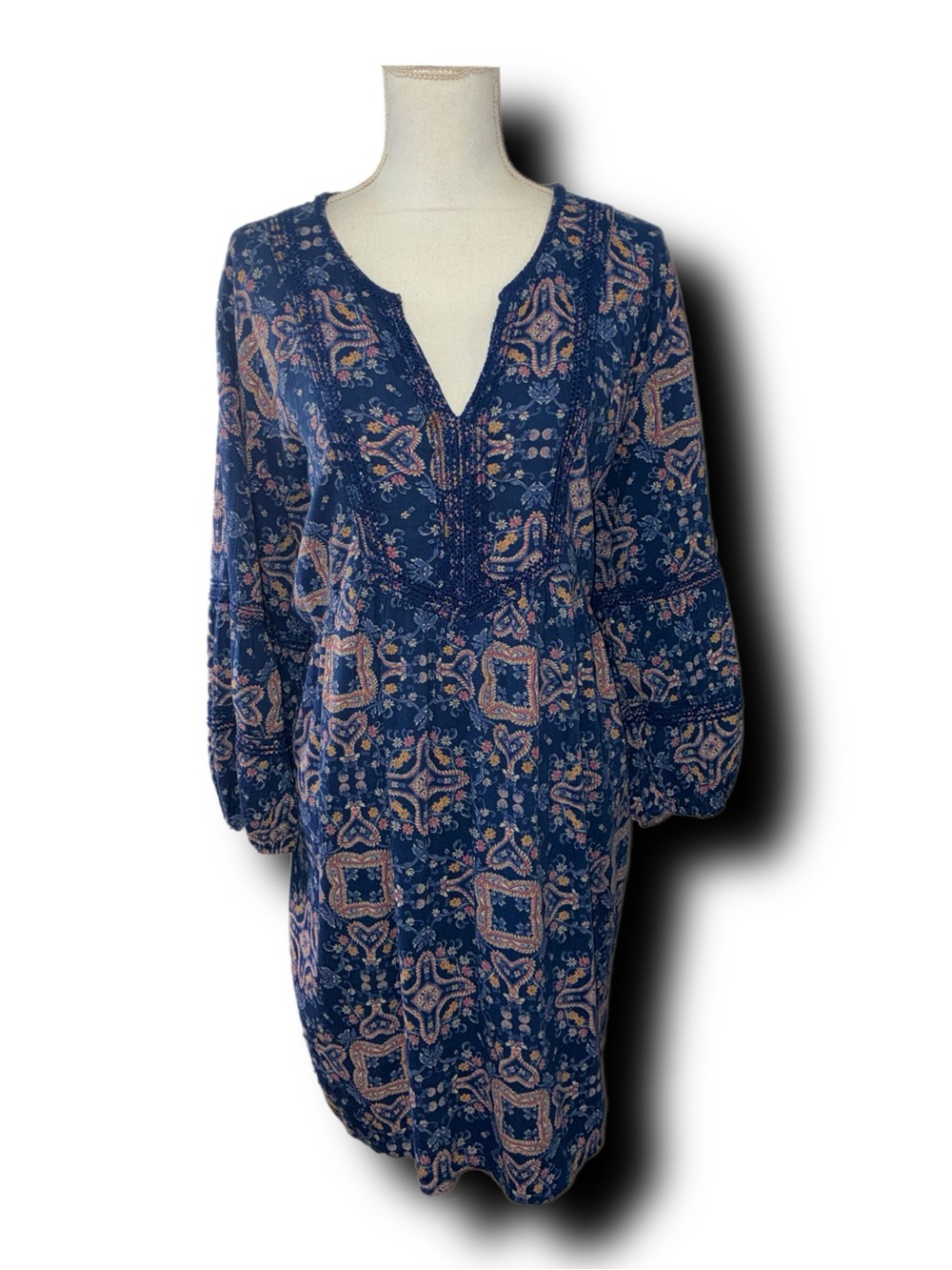 True Craft Boho Style Indigo Floral & Paisley Print Cotton Blend Tunic Dress